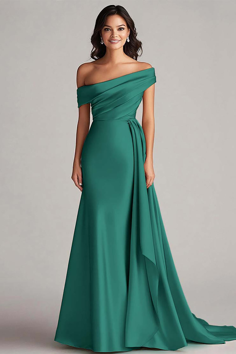 Langes Champagner Abendkleid mit einer Schulter und Falten