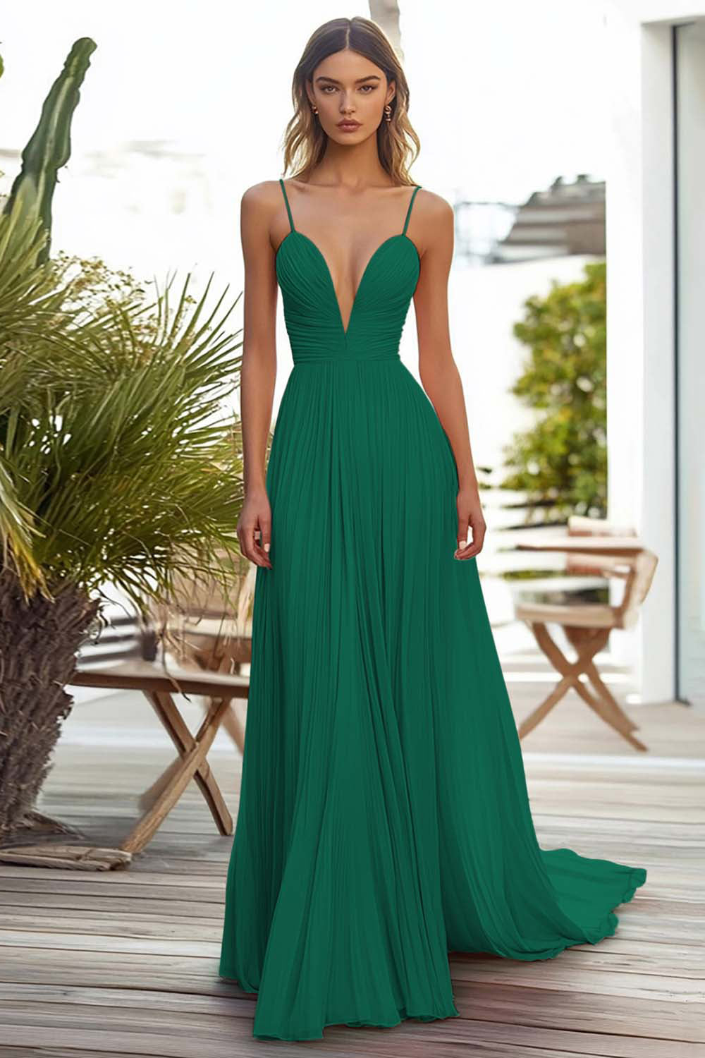 Rosa A-Linie Plissee Langes Hochzeitsgastkleid