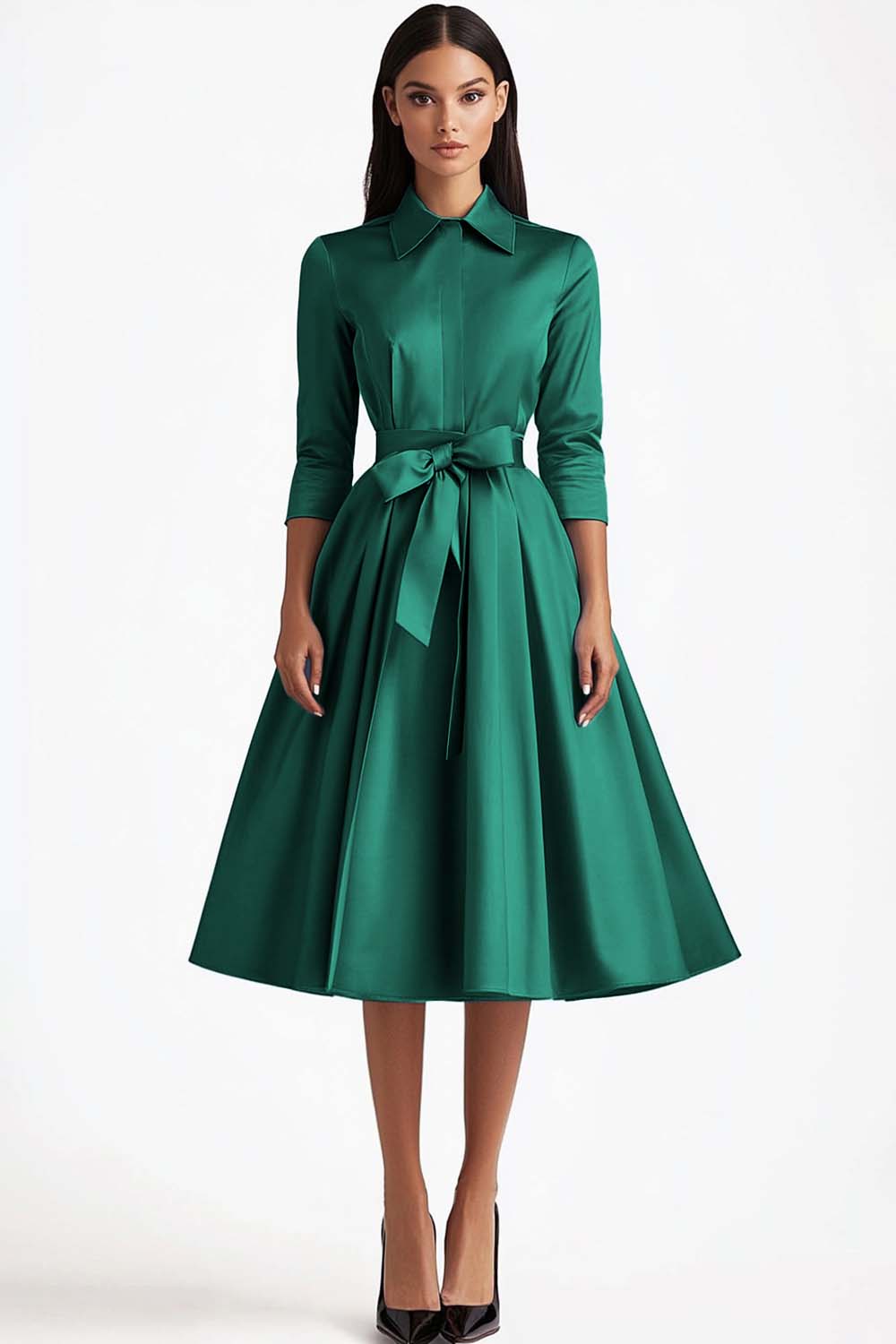 Blaues A-Linie Mittellanges Partykleid mit langen Ärmeln und Knopfverschlüssen