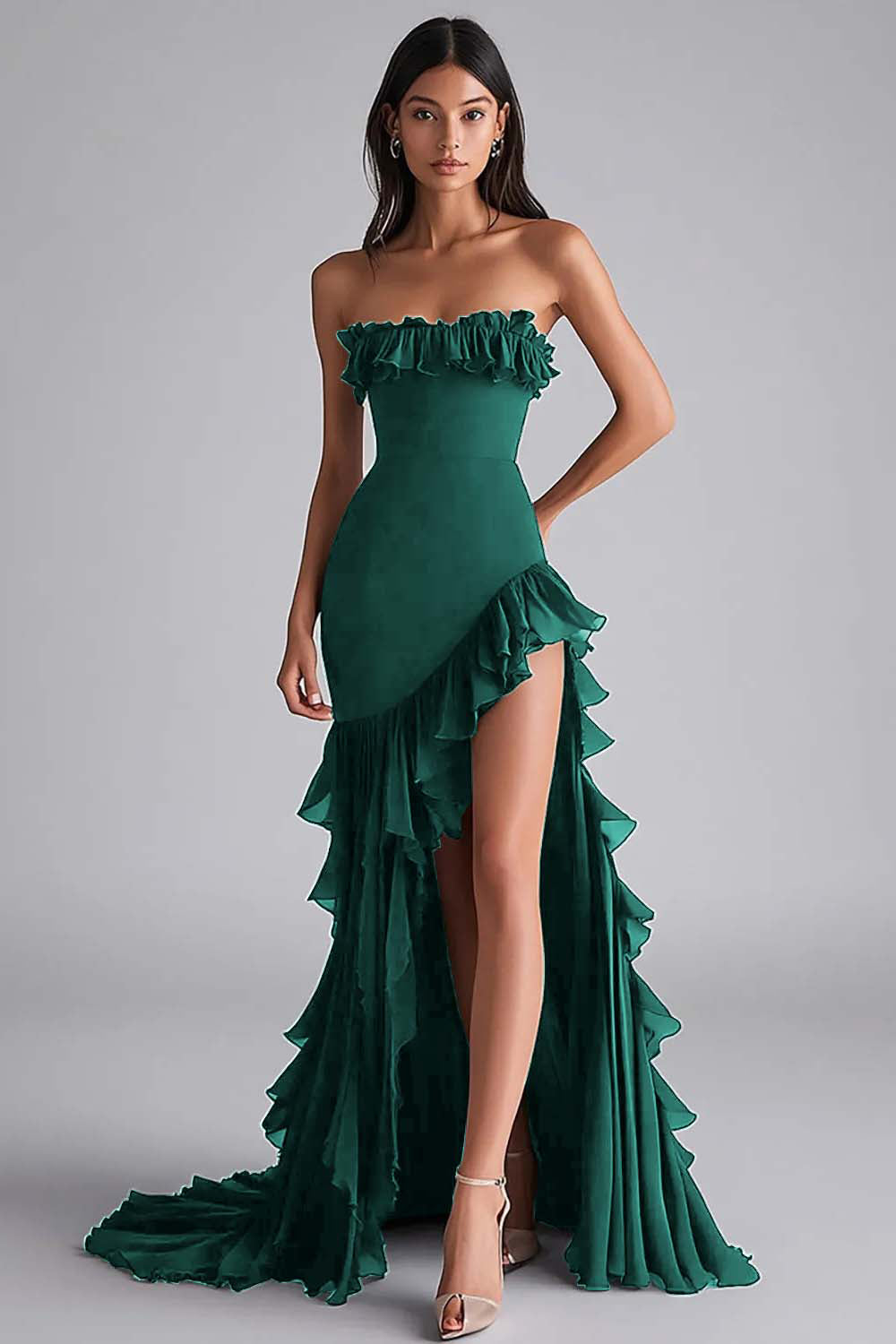 Schwarzes Meerjungfrau Trägerloses Ballkleid mit Rüschen und Schlitz