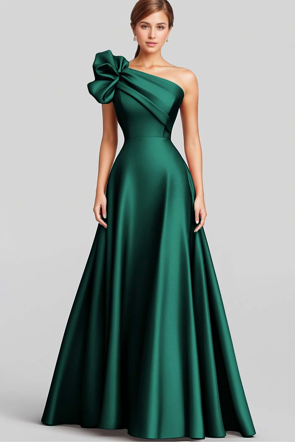 Marineblaues Langes Satin Abendkleid in A-Linie mit Rüschen und einer Schulter