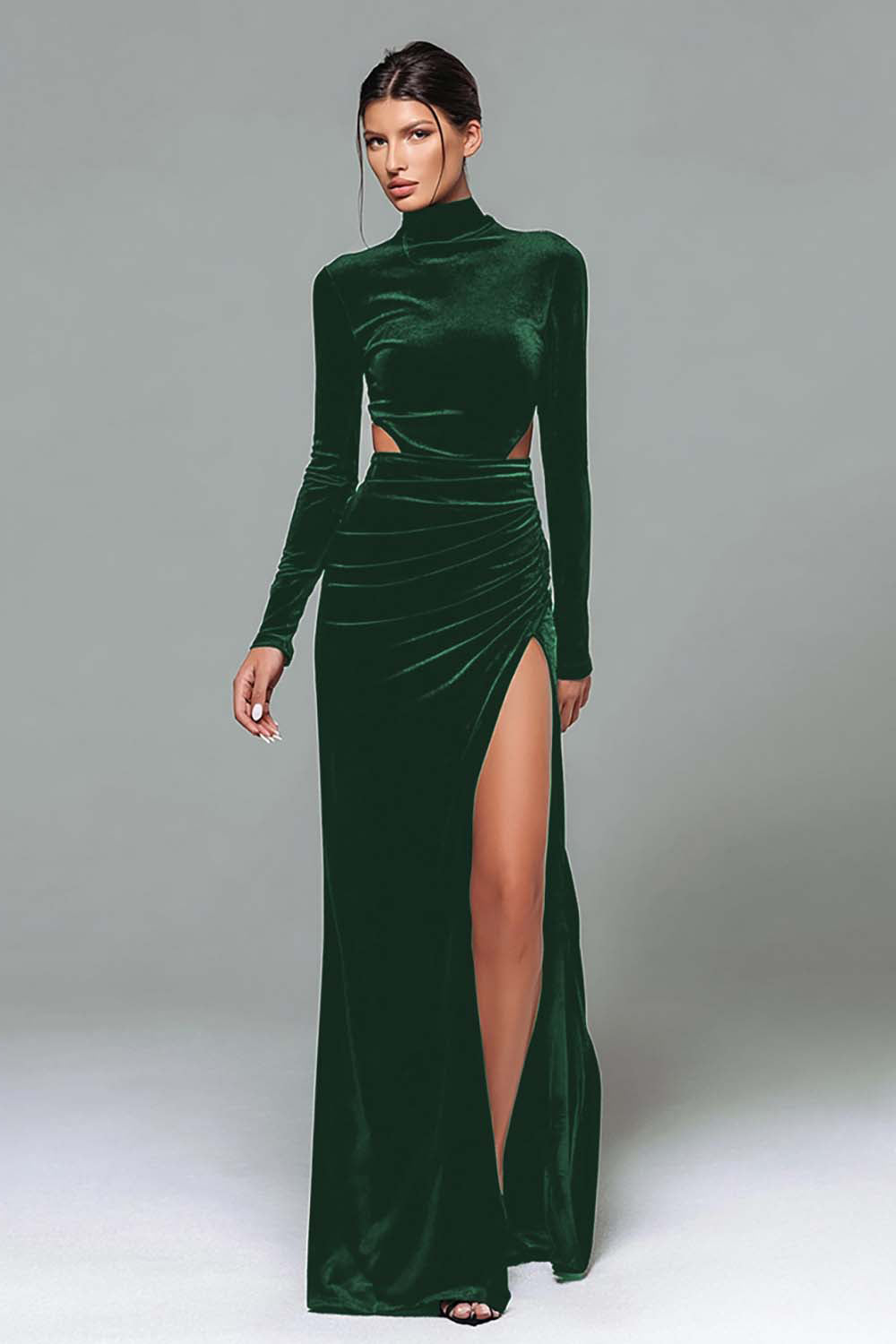Schwarzes Samt Stehkragen Langarm Urlaub Party Kleid mit Schlitz