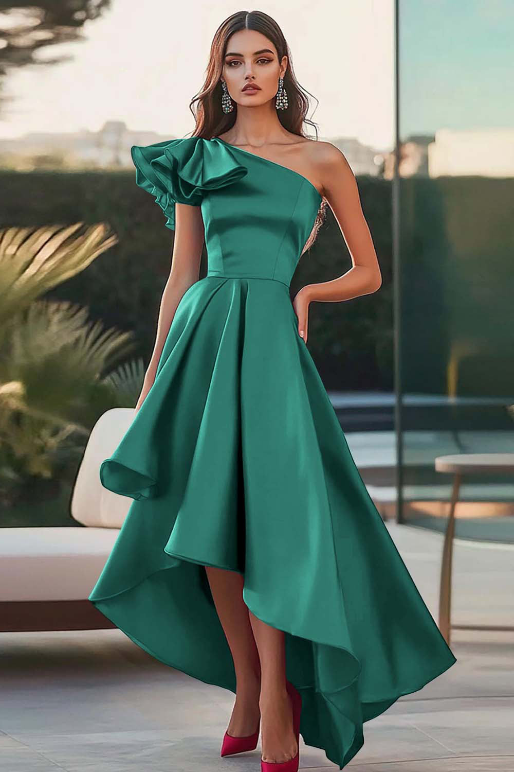 Fuchsia Eine Schulter High-Low Satin Ballkleid in A-Linie