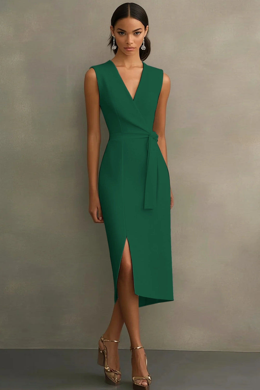 Weißes V-Ausschnitt Satin Standesamtkleid mit Gürtel