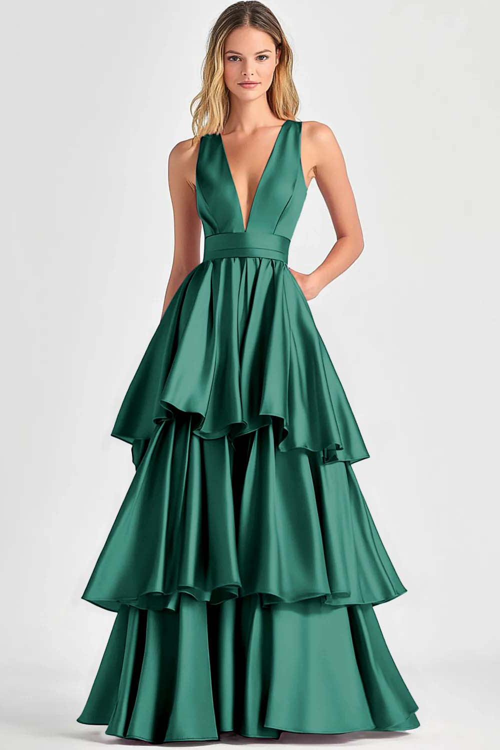 Fuchsia Ballkleid in A-Linie mit V-Ausschnitt und Rüschen