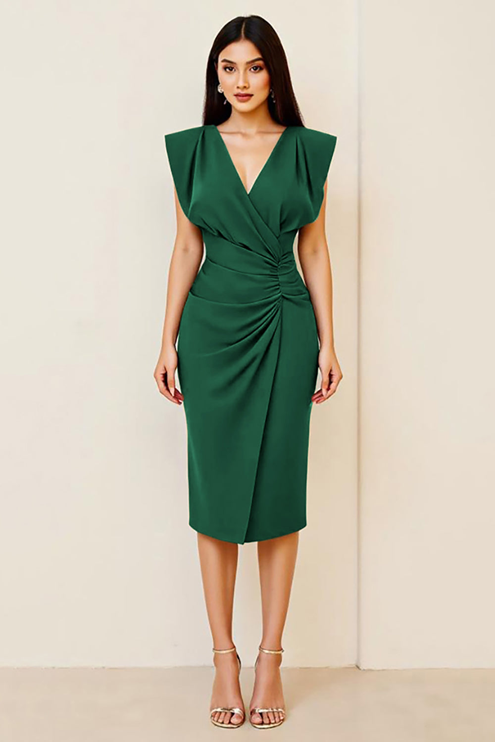 Olive Figurbetontes Midi Partykleid mit Rüschen und V-Ausschnitt