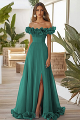 Schulterfreies Blaues A-Linie Ballkleid mit Schlitz