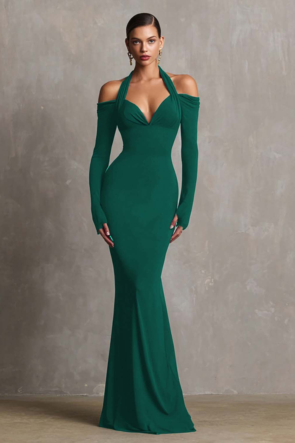 Burgunderrotes Neckholder Meerjungfrau Spandex Langes Ballkleid