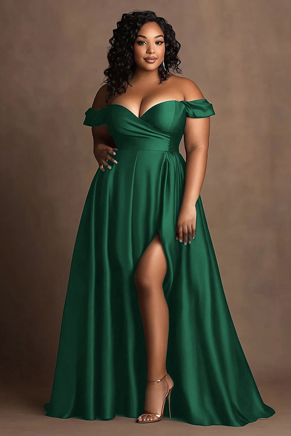 Große Größen Marineblaues Schulterfreies Satin Ballkleid mit Schlitz