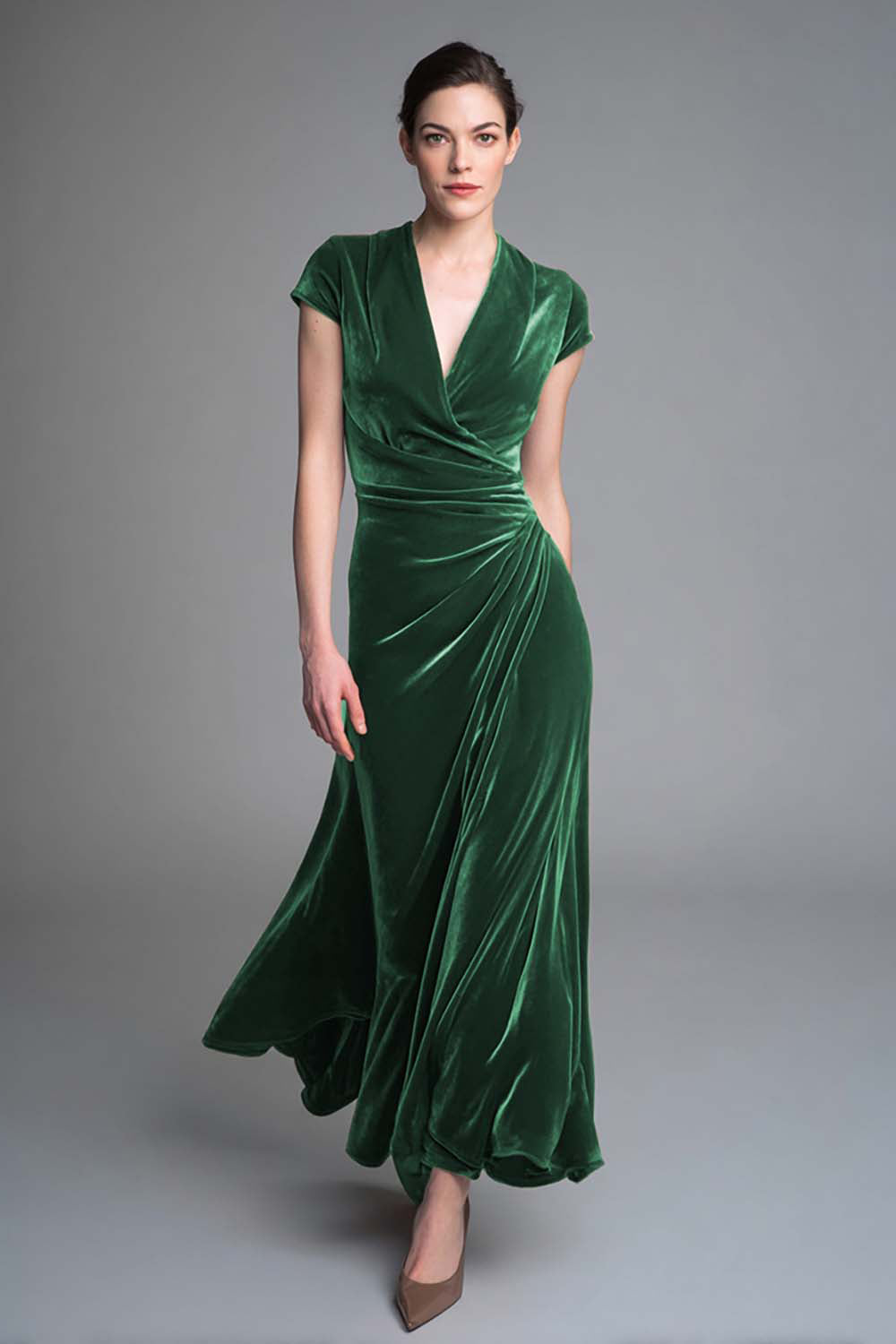 Karamell Langes V-Ausschnitt Partykleid aus Samt mit Rüschen