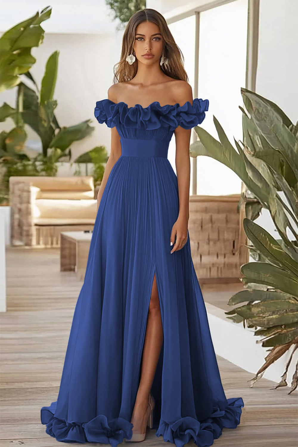 Schulterfreies Blaues A-Linie Ballkleid mit Schlitz