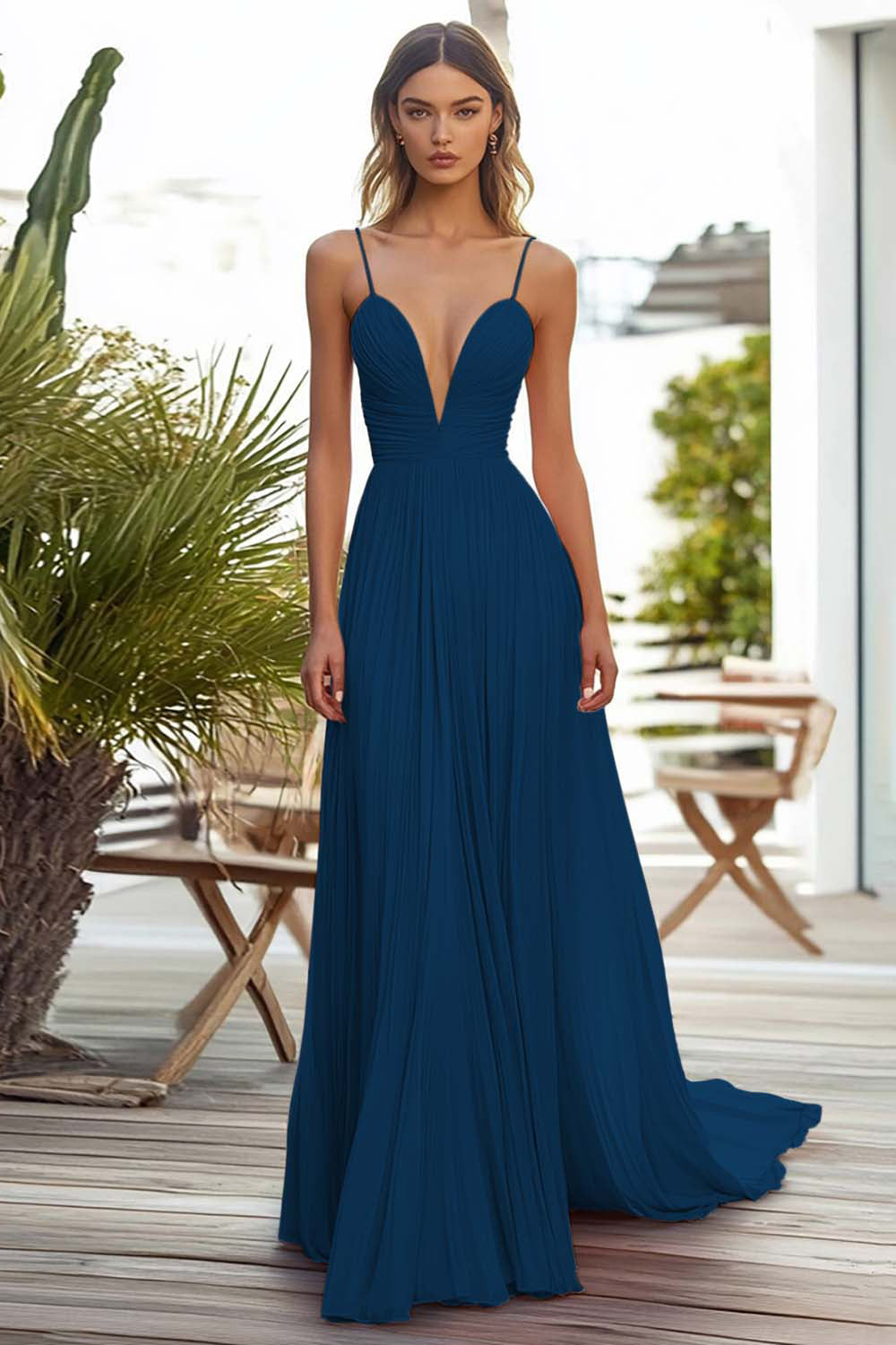 Rosa A-Linie Plissee Langes Hochzeitsgastkleid