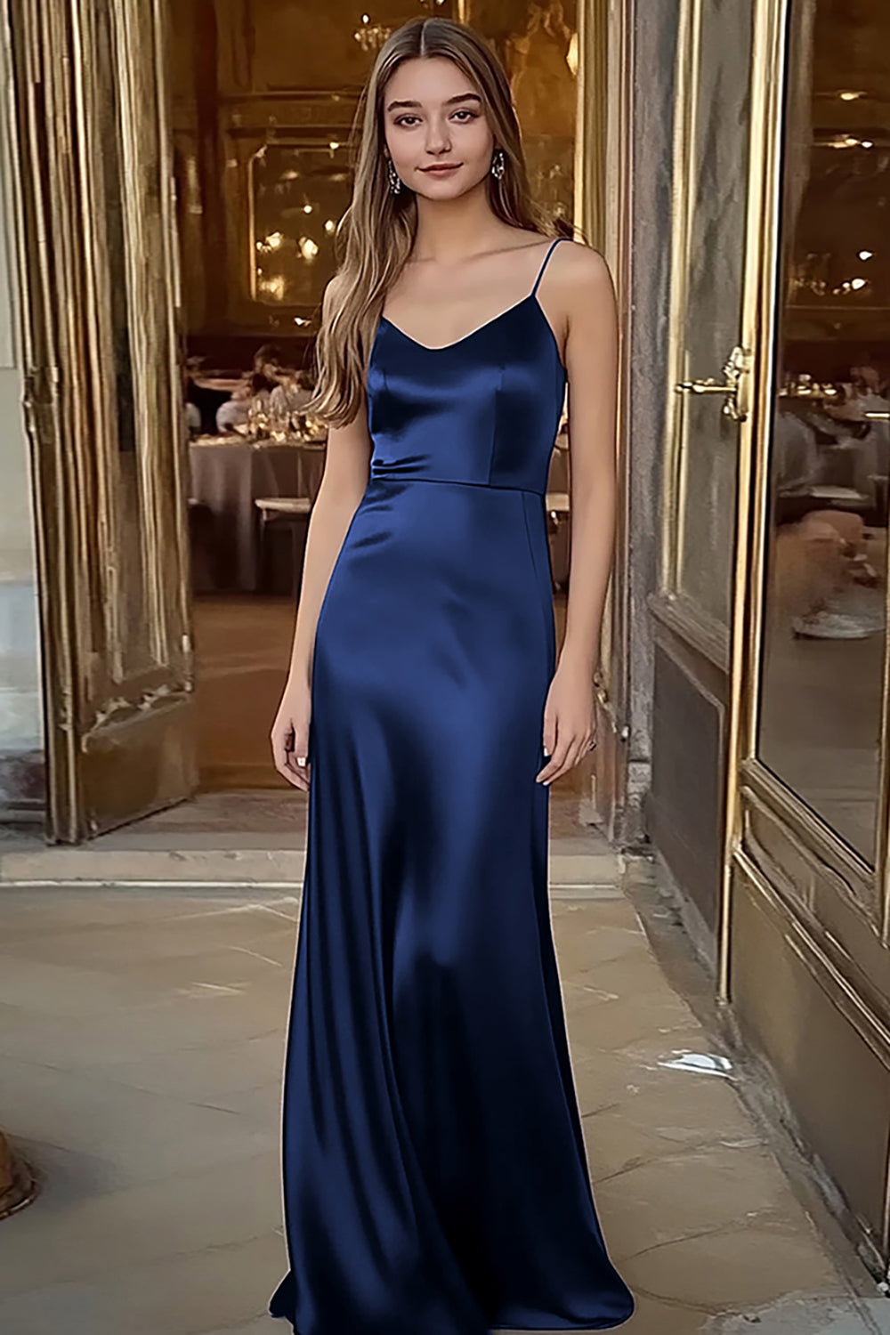 Spaghettiträger Kaffee Satin Langes Ballkleid