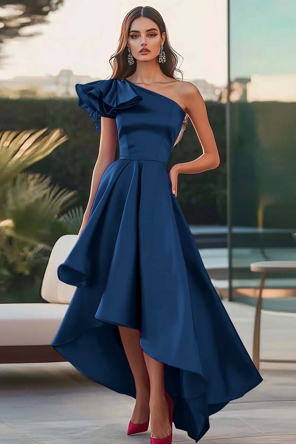 Fuchsia Eine Schulter High-Low Satin Ballkleid in A-Linie