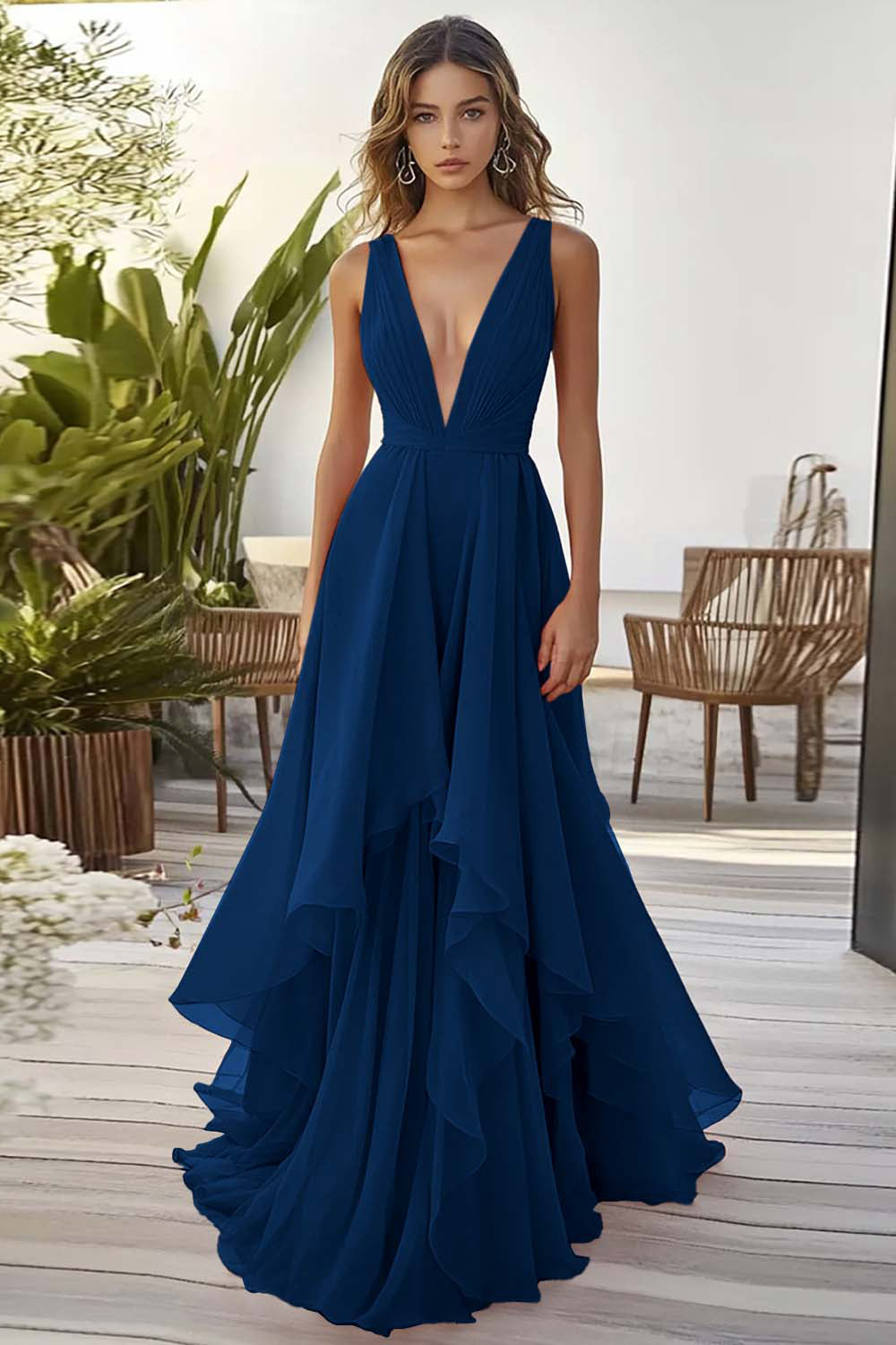 Orange Chiffon Hochzeitsgastkleid mit Rüschen in A-Linie