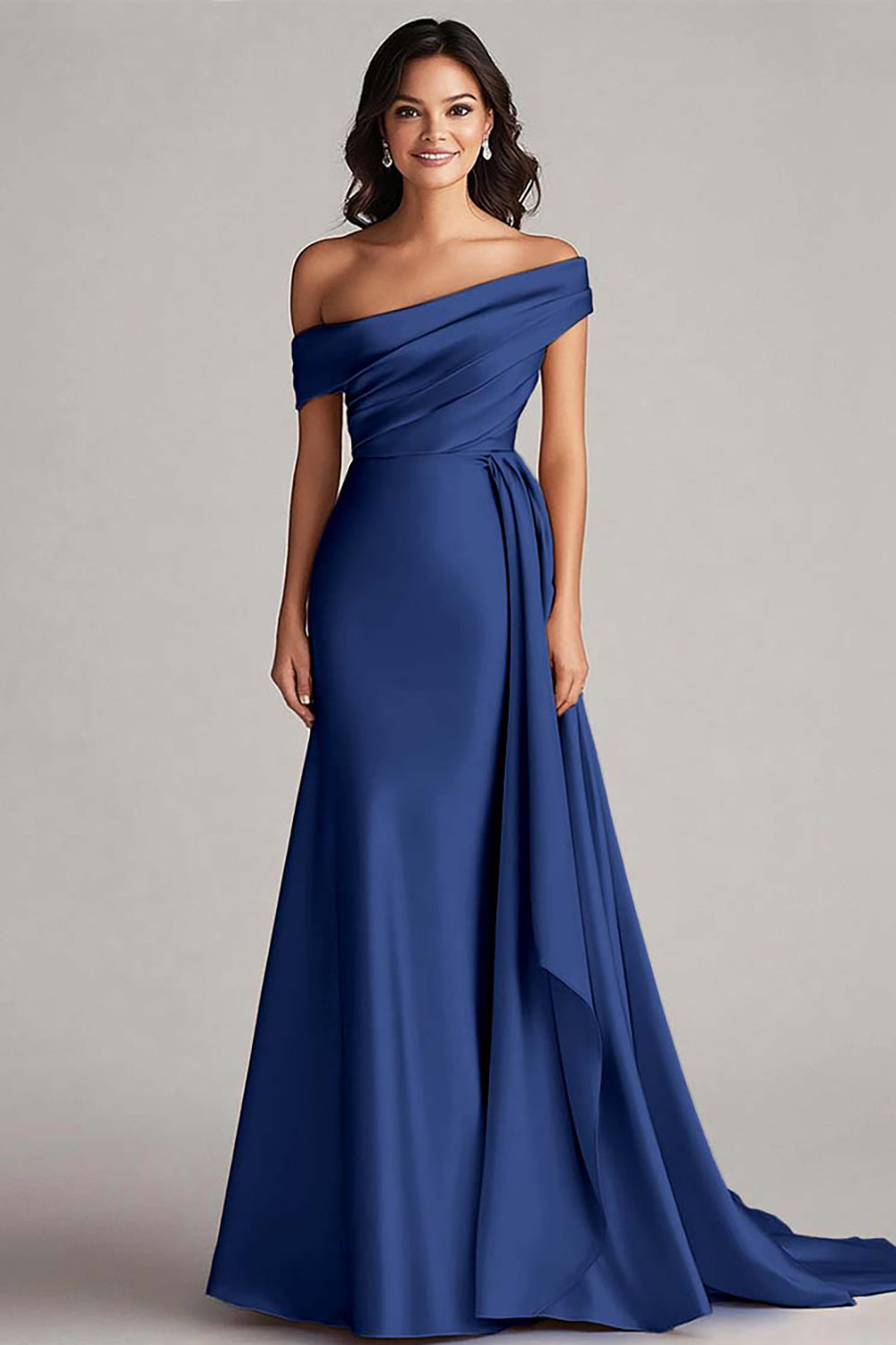 Langes Champagner Abendkleid mit einer Schulter und Falten