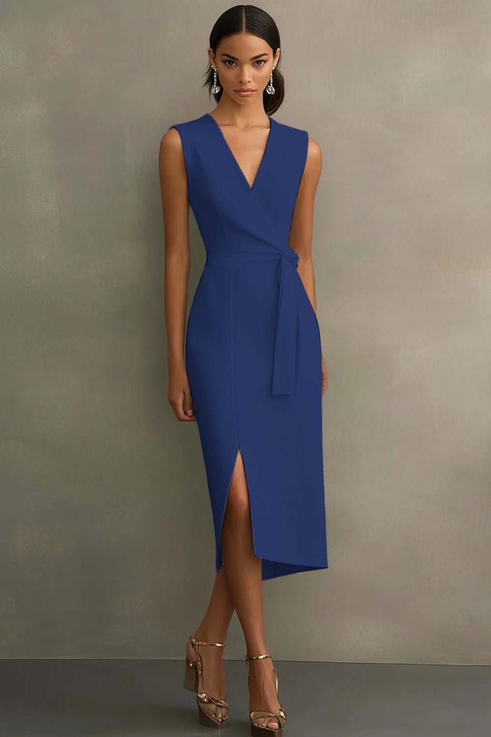 Weißes V-Ausschnitt Satin Standesamtkleid mit Gürtel