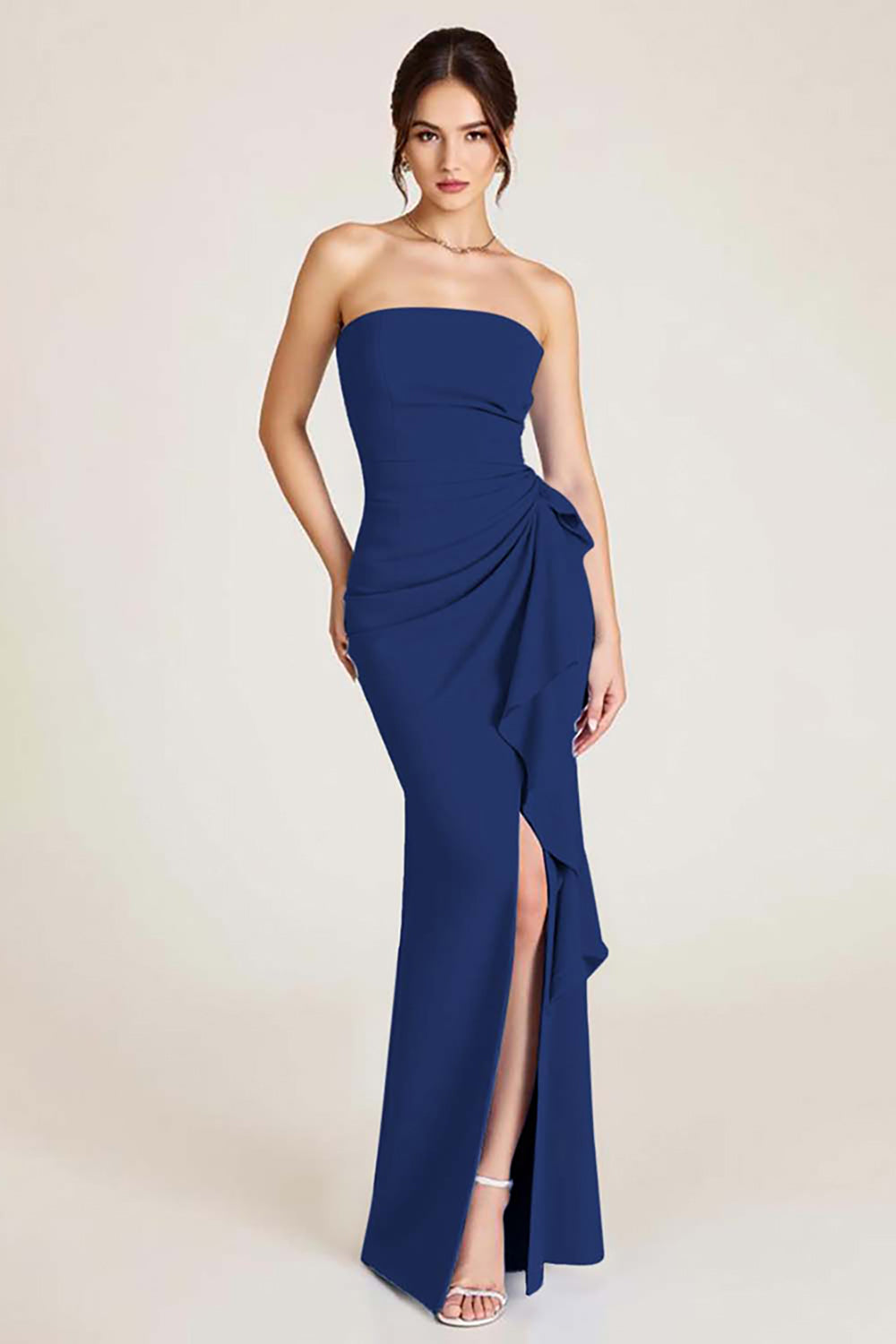 Himmelblaues Meerjungfrauen Hochzeitsgastkleid mit Rüschen und Schlitz