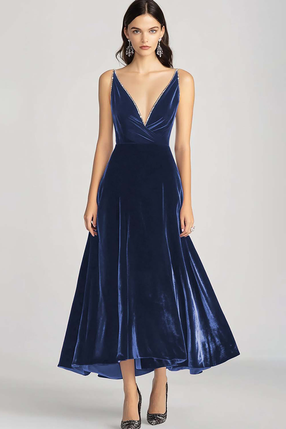 Burgunderrotes Spaghettiträger V-Ausschnitt Samt Ballkleid