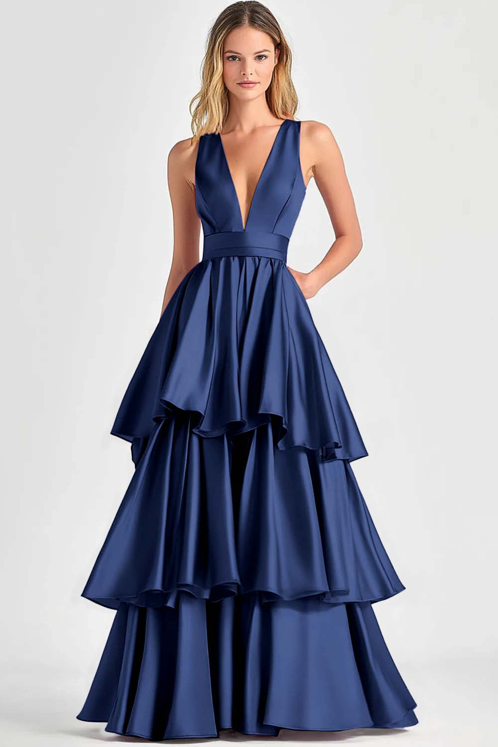 Fuchsia Ballkleid in A-Linie mit V-Ausschnitt und Rüschen