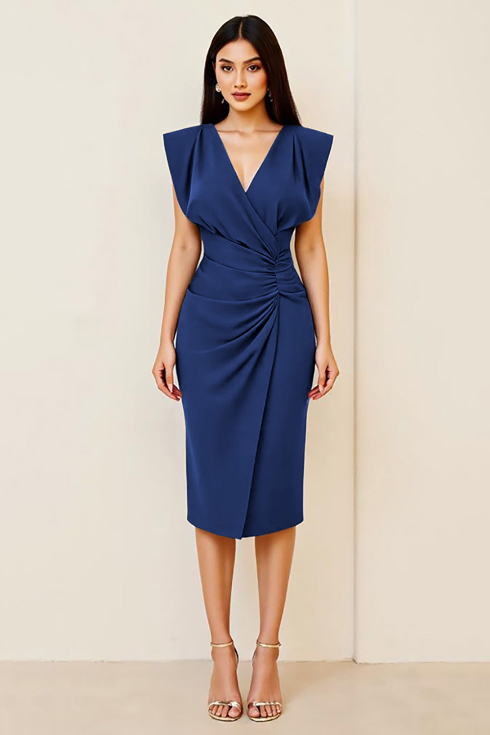 Olive Figurbetontes Midi Partykleid mit Rüschen und V-Ausschnitt