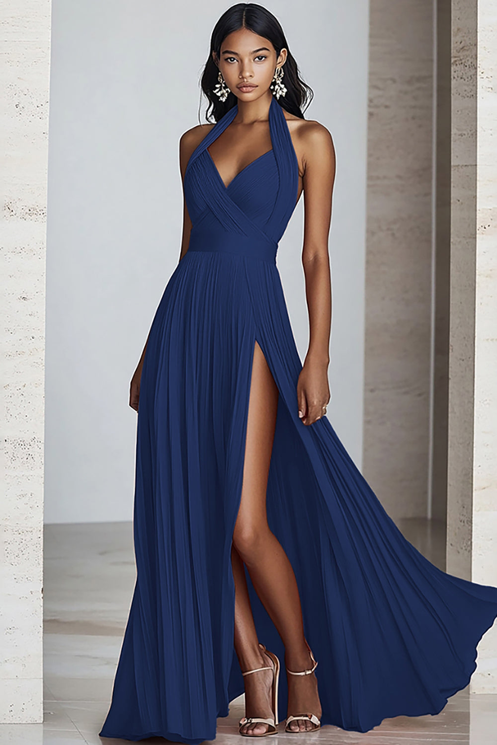 Schwarzes A-Linie Neckholder Chiffon Langes Plissiertes Ballkleid
