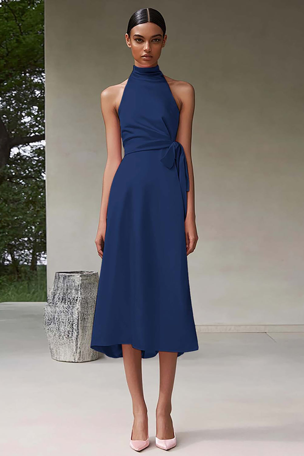 Rosa A-Linie Neckholder Teelänge Satin Partykleid