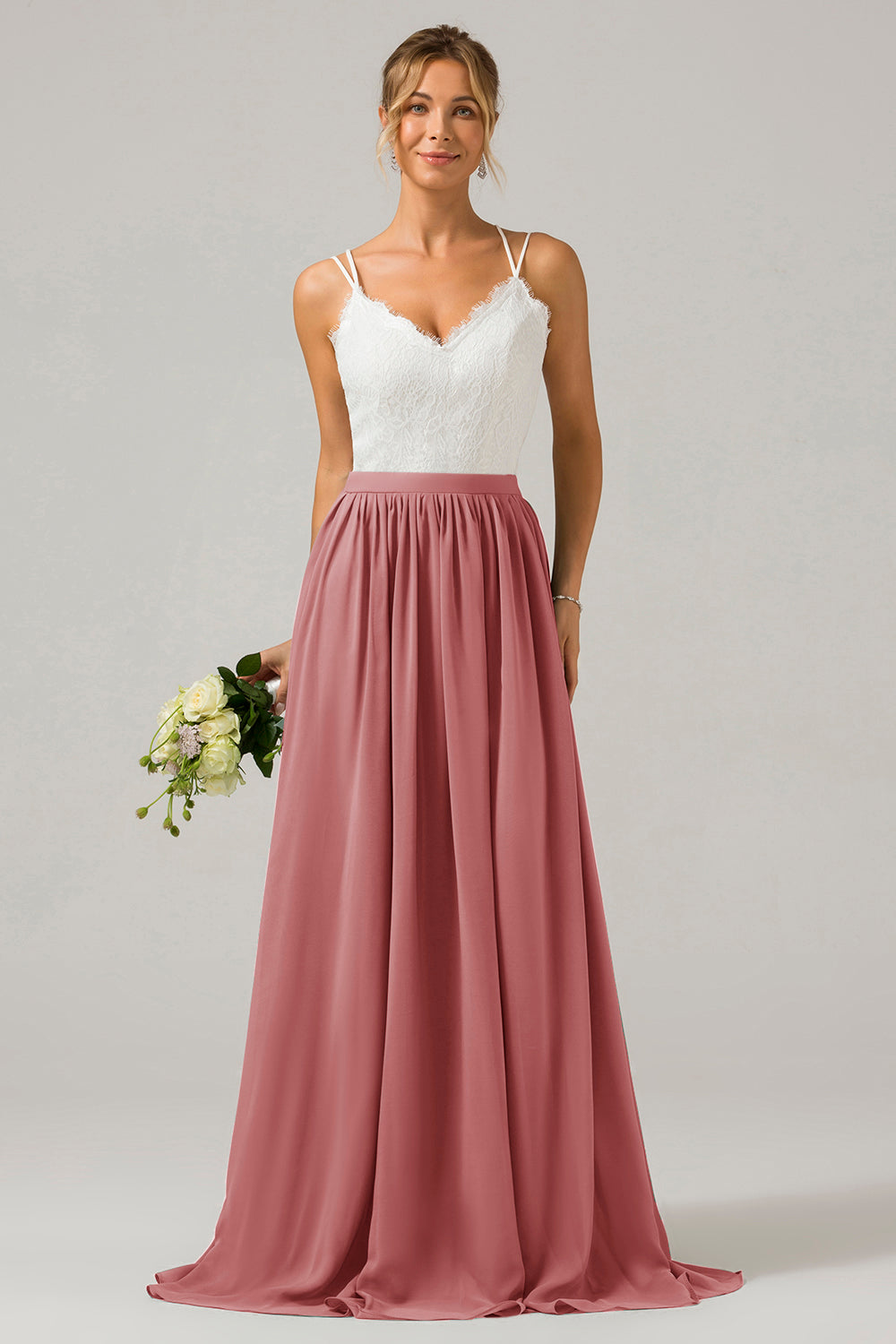 A-Linie V-Ausschnitt Boho Chiffon Langes Brautjungfernkleid mit offenem Rücken und Spitze Blush Rosa