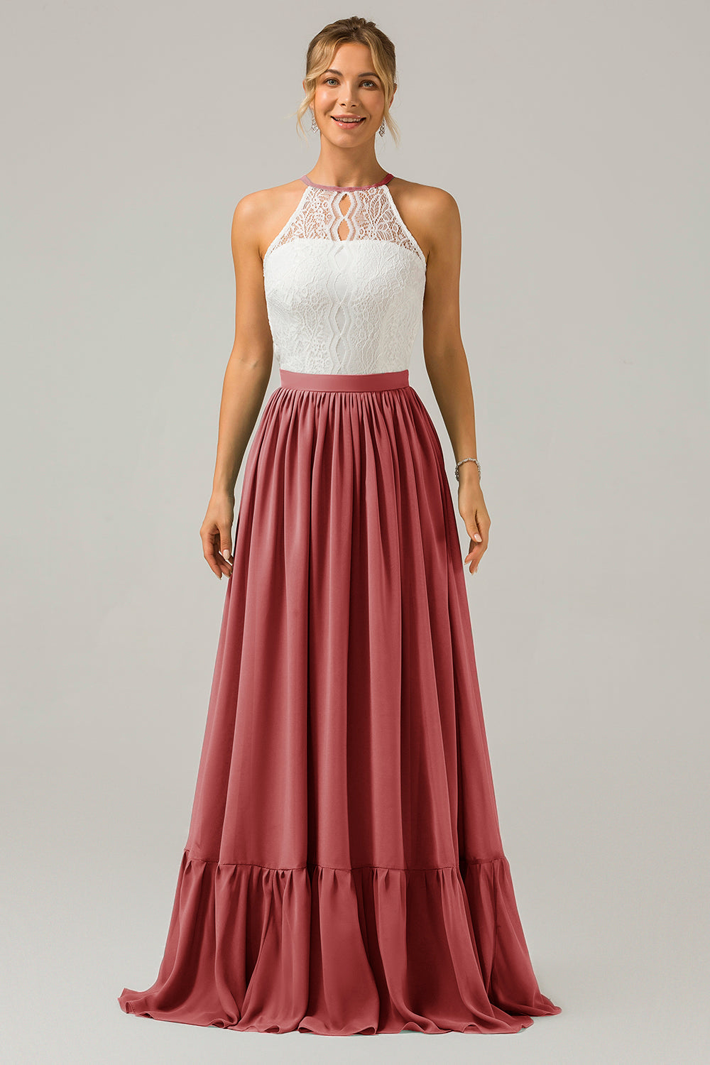 Blush Rosa Schlüsselloch Boho Chiffon Langes Brautjungfernkleid mit Spitze