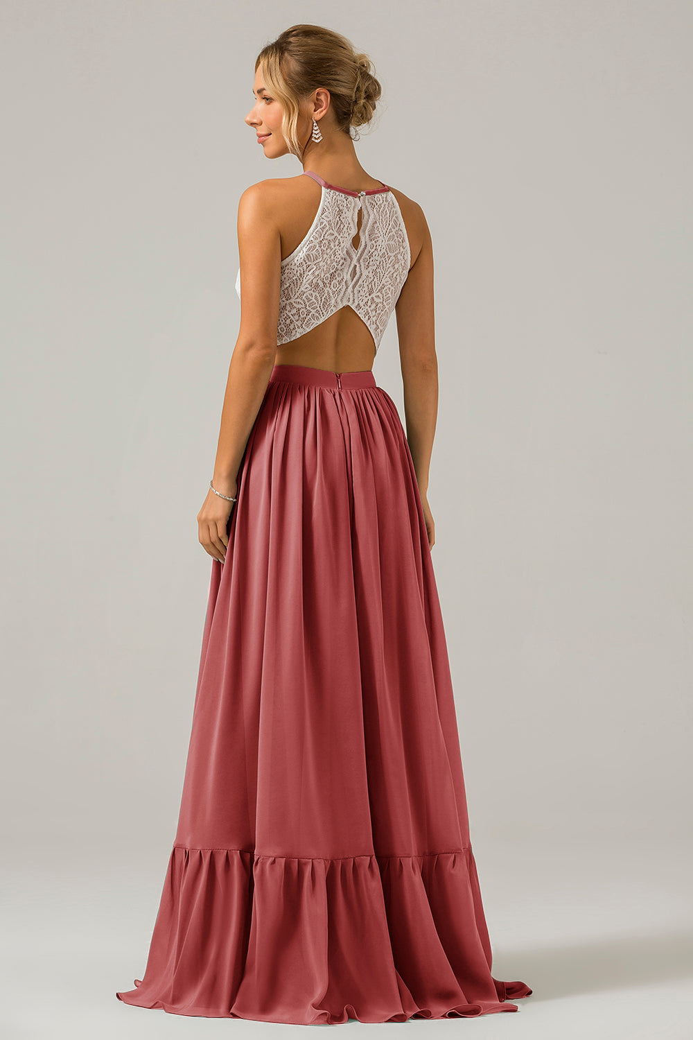 Blush Rosa Schlüsselloch Boho Chiffon Langes Brautjungfernkleid mit Spitze
