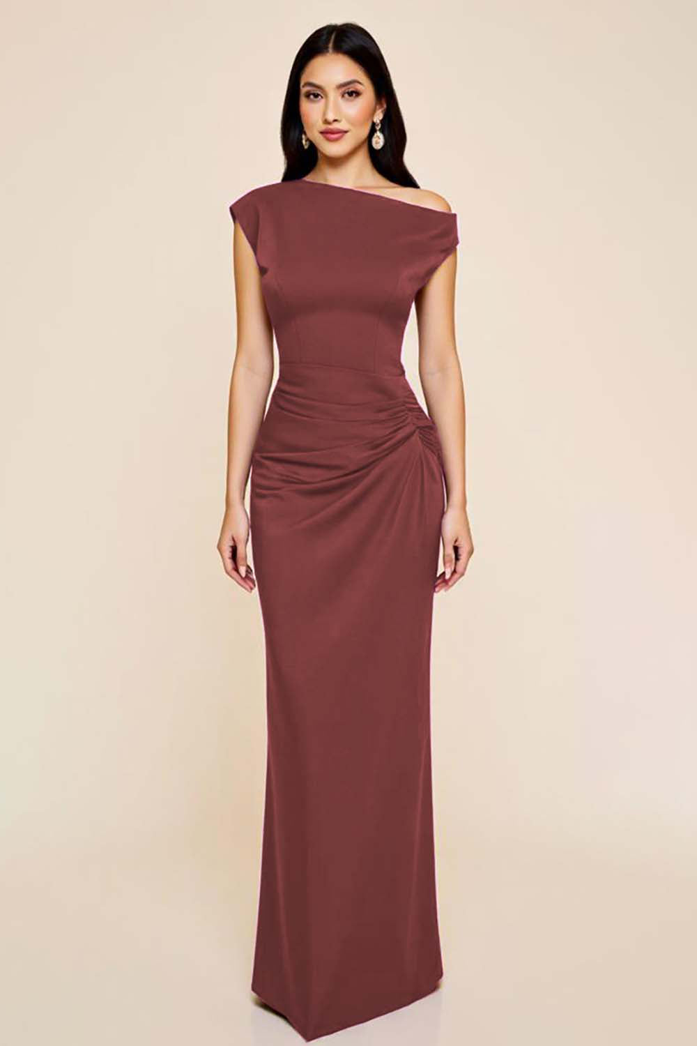 Pflaumenfarbenes Meerjungfrauenkleid mit Rüschen und einer Schulter