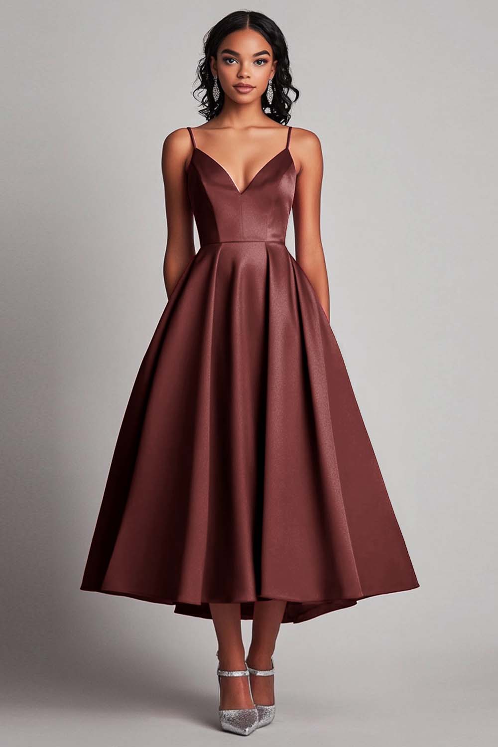 Rotes Teelänge A-Linie Satin Partykleid