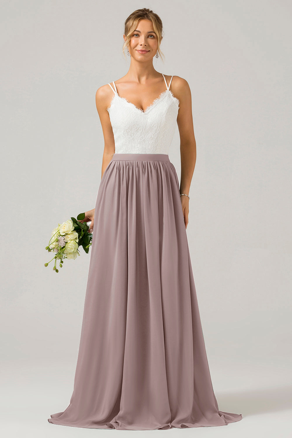 A-Linie V-Ausschnitt Boho Chiffon Langes Brautjungfernkleid mit offenem Rücken und Spitze Blush Rosa