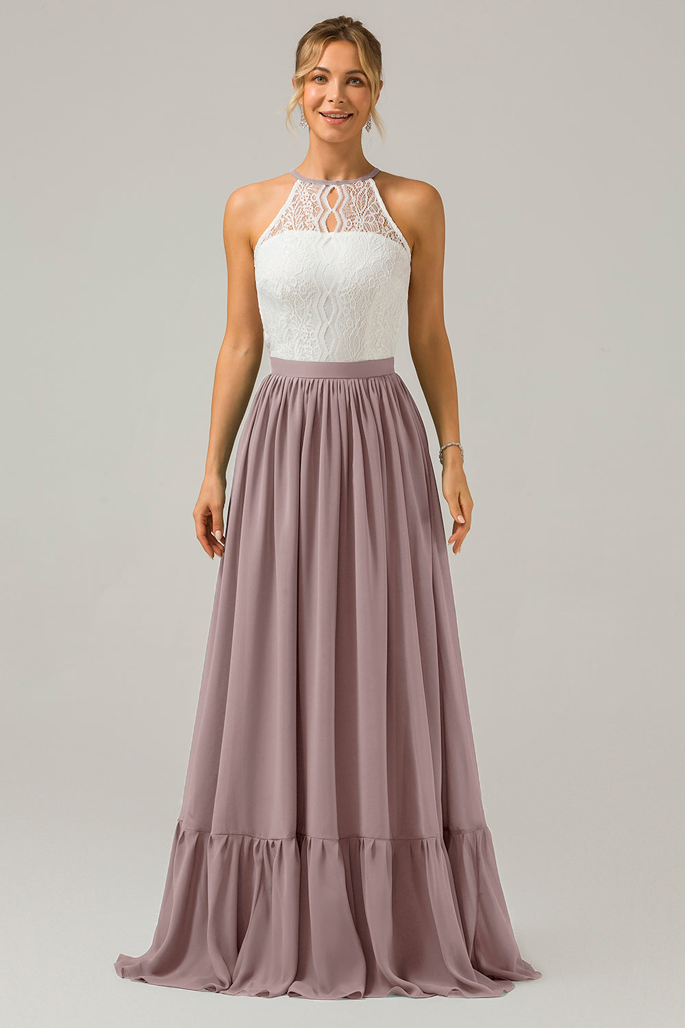 Cabernet Schlüsselloch Boho Chiffon Langes Brautjungfernkleid mit Spitze