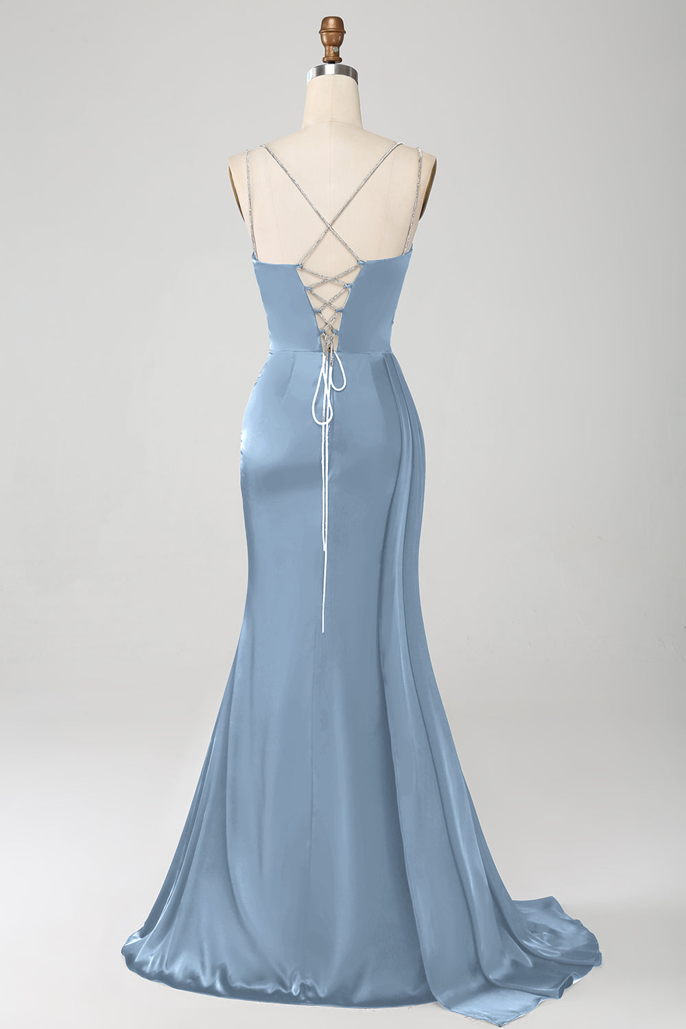 Marineblaues Meerjungfrauen Spaghettiträger Plissee Korsett Langes Ballkleid mit Schlitz