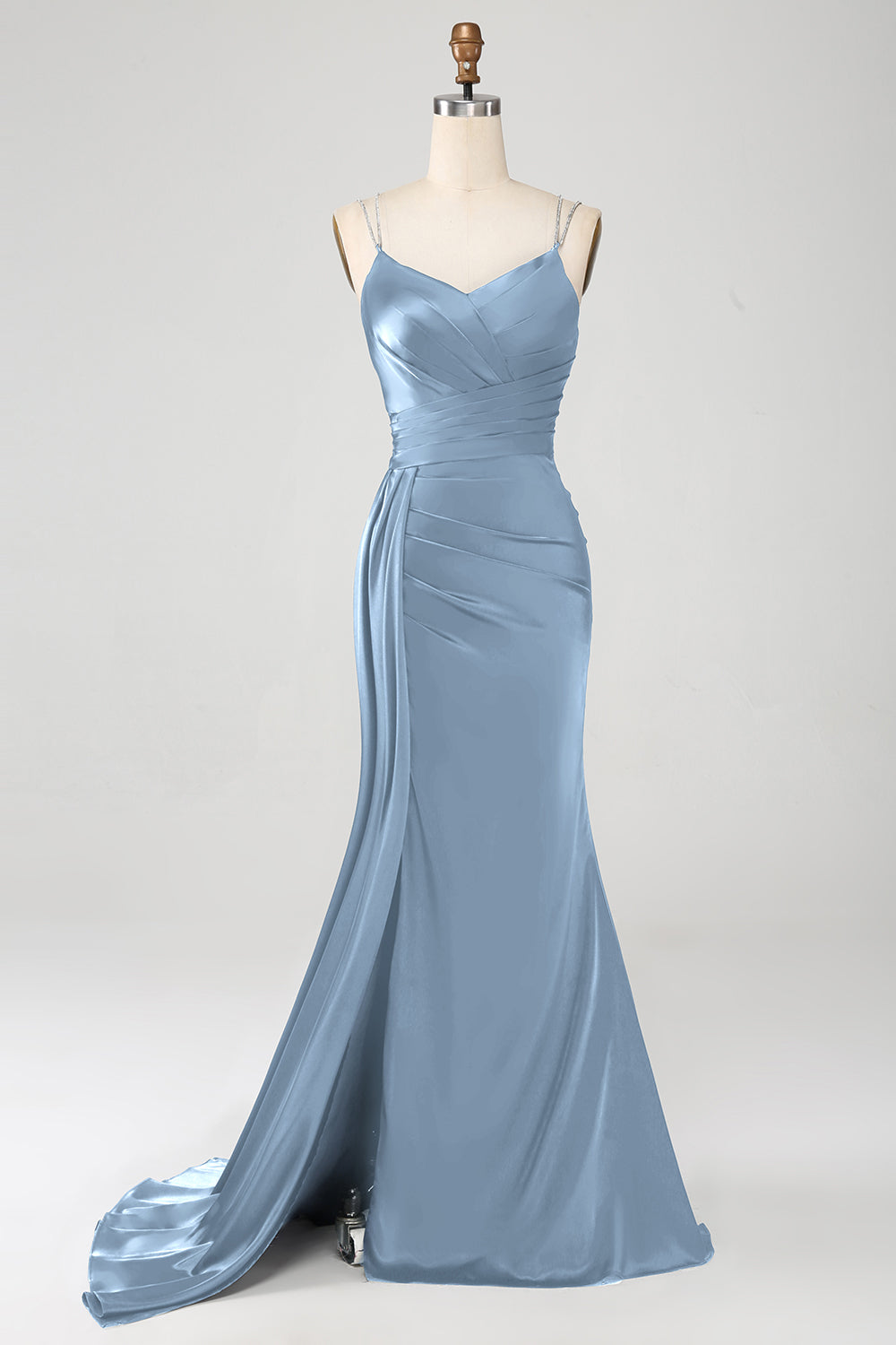 Marineblaues Meerjungfrauen Spaghettiträger Plissee Korsett Langes Ballkleid mit Schlitz
