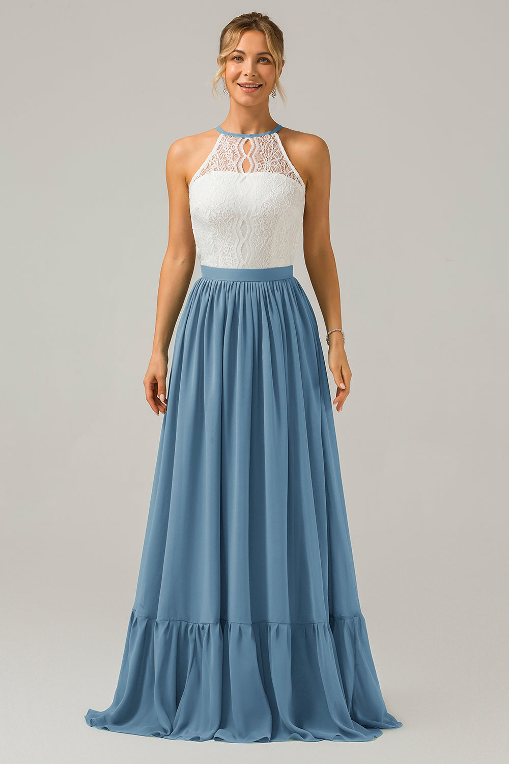 Eukalyptus Schlüsselloch Boho Chiffon Langes Brautjungfernkleid mit Spitze