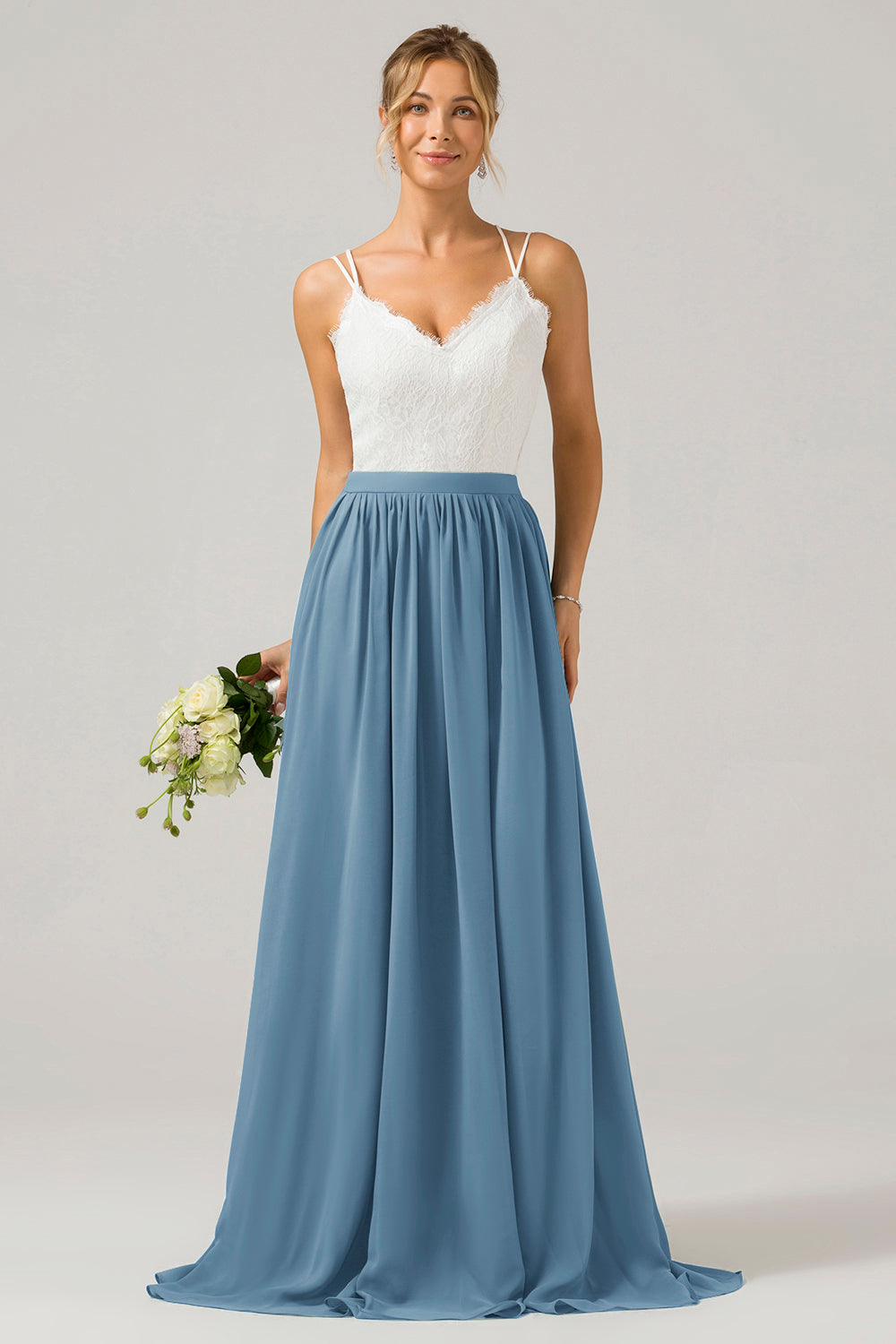 Eukalyptus Grünes Boho Chiffon Langes Brautjungfernkleid mit offenem Rücken und Spitze