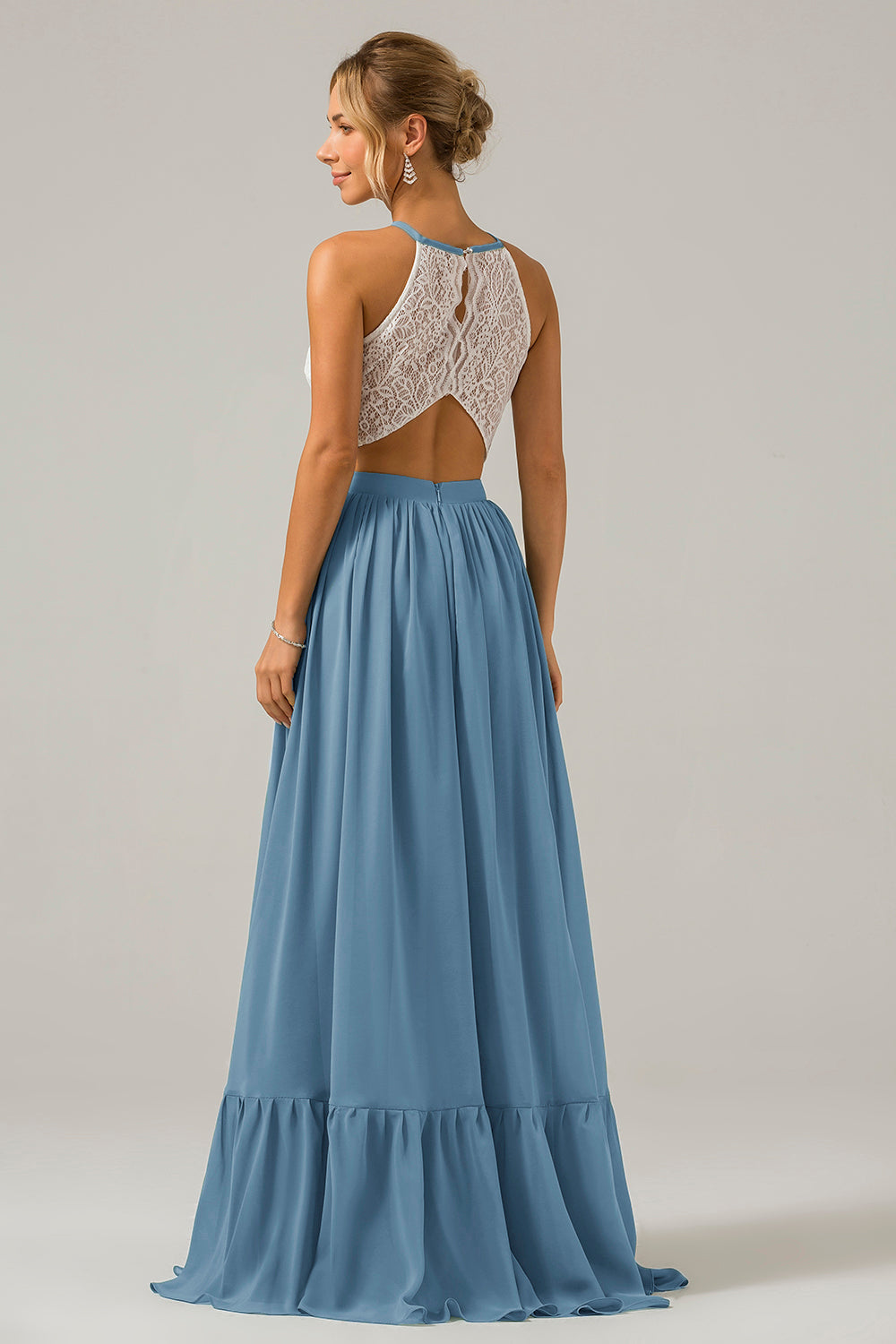 Eukalyptus Schlüsselloch Boho Chiffon Langes Brautjungfernkleid mit Spitze