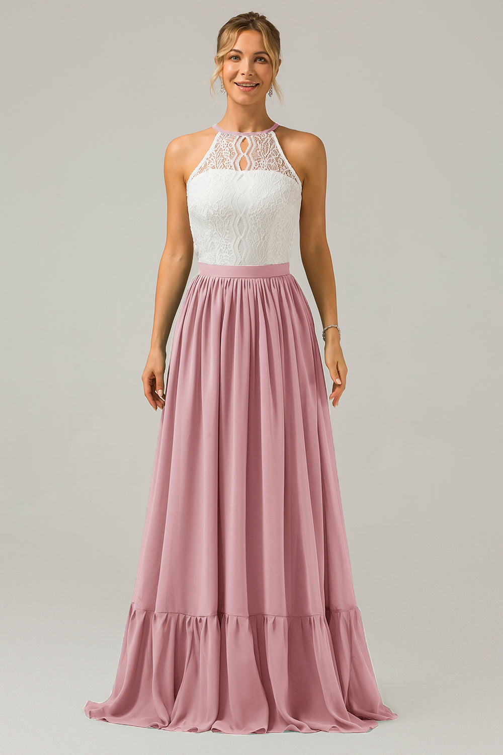 Eukalyptus Schlüsselloch Boho Chiffon Langes Brautjungfernkleid mit Spitze