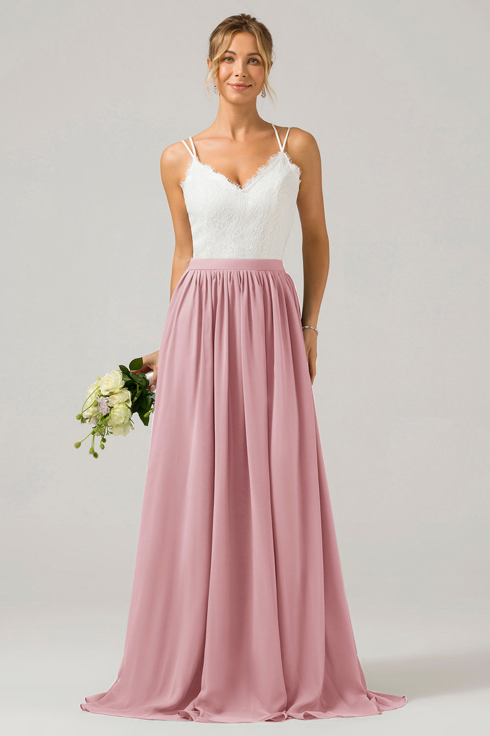 Eukalyptus Grünes Boho Chiffon Langes Brautjungfernkleid mit offenem Rücken und Spitze