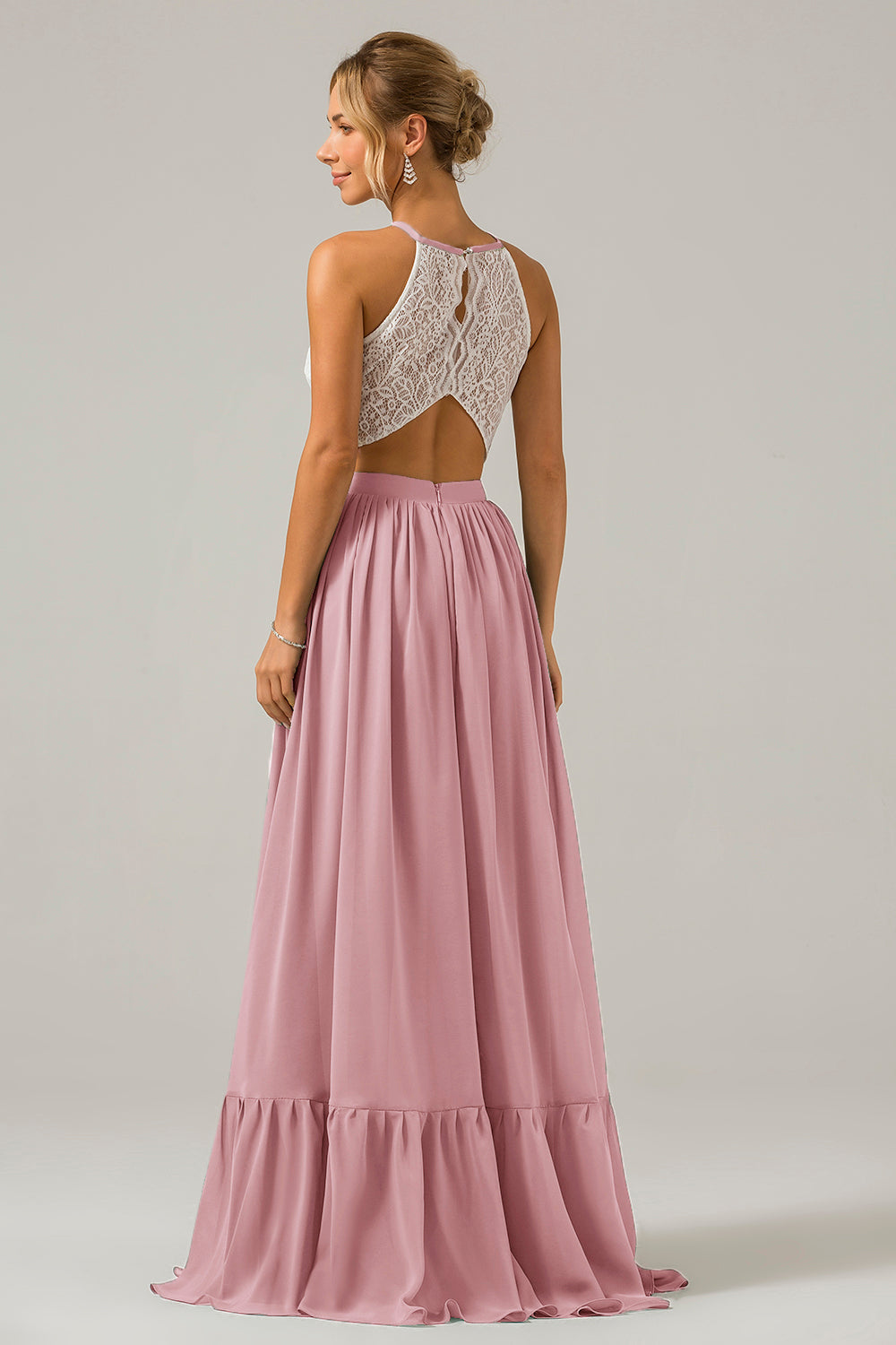 Eukalyptus Schlüsselloch Boho Chiffon Langes Brautjungfernkleid mit Spitze