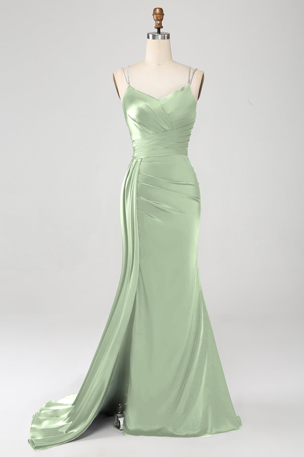 Marineblaues Meerjungfrauen Spaghettiträger Plissee Korsett Langes Ballkleid mit Schlitz