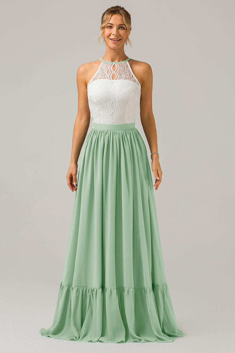 Eukalyptus Schlüsselloch Boho Chiffon Langes Brautjungfernkleid mit Spitze