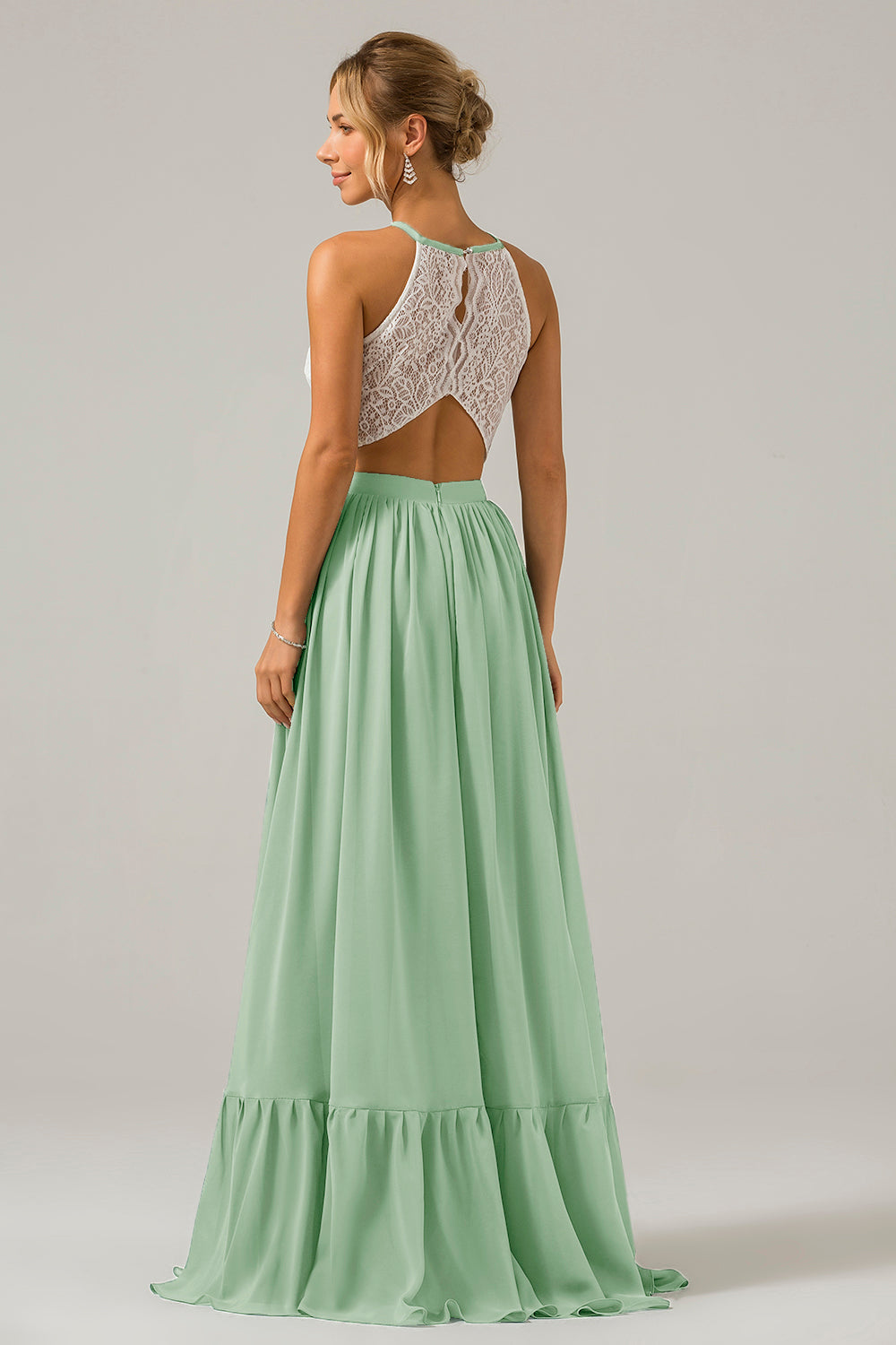 Eukalyptus Schlüsselloch Boho Chiffon Langes Brautjungfernkleid mit Spitze