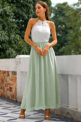 Zapaka Damen Kleider für Hochzeitsgäste Langes A-Linie Rundhals Chiffon DustySage Abendkleid Brautjungfernkleid mit Spitze