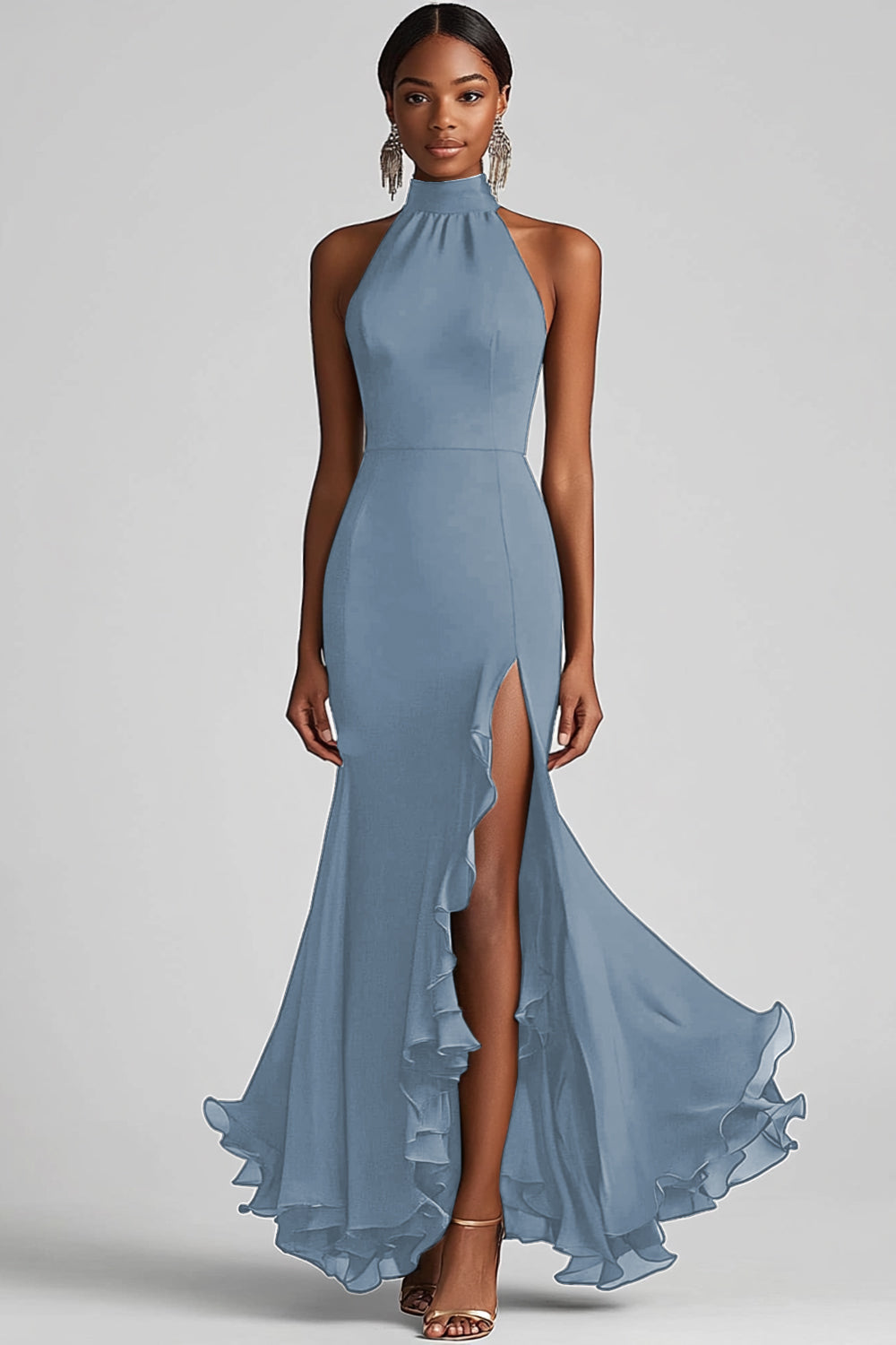 Schwarzes Meerjungfrau Langes Neckholder Rüschen Ballkleid mit Schlitz