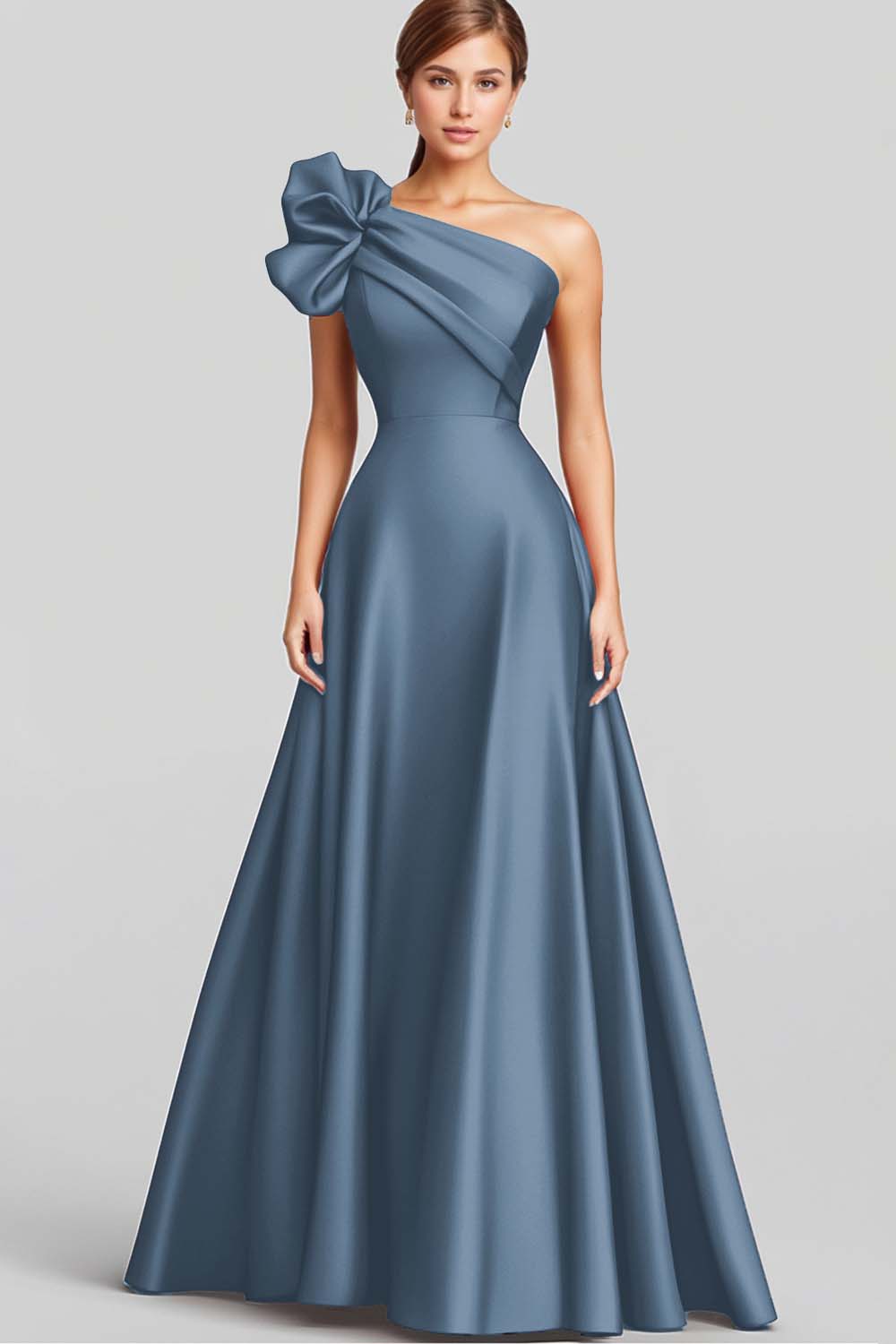 Marineblaues Langes Satin Abendkleid in A-Linie mit Rüschen und einer Schulter