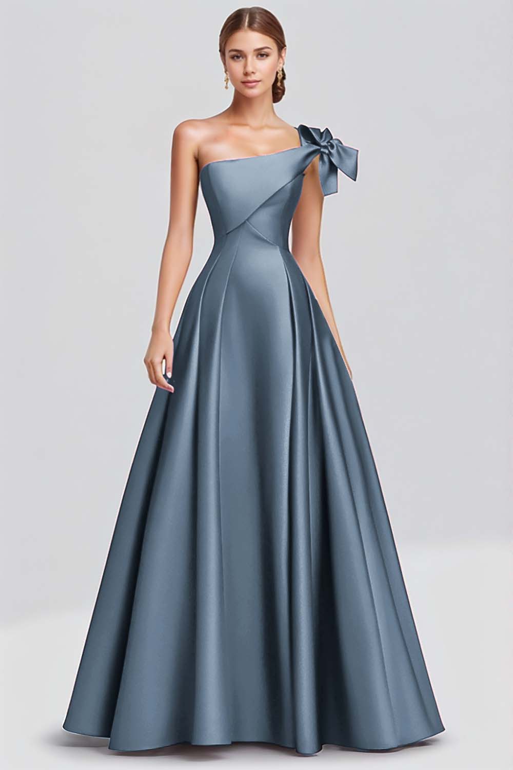 Fuchsia A-Linie Langes Satin Ballkleid mit einer Schulterschleife