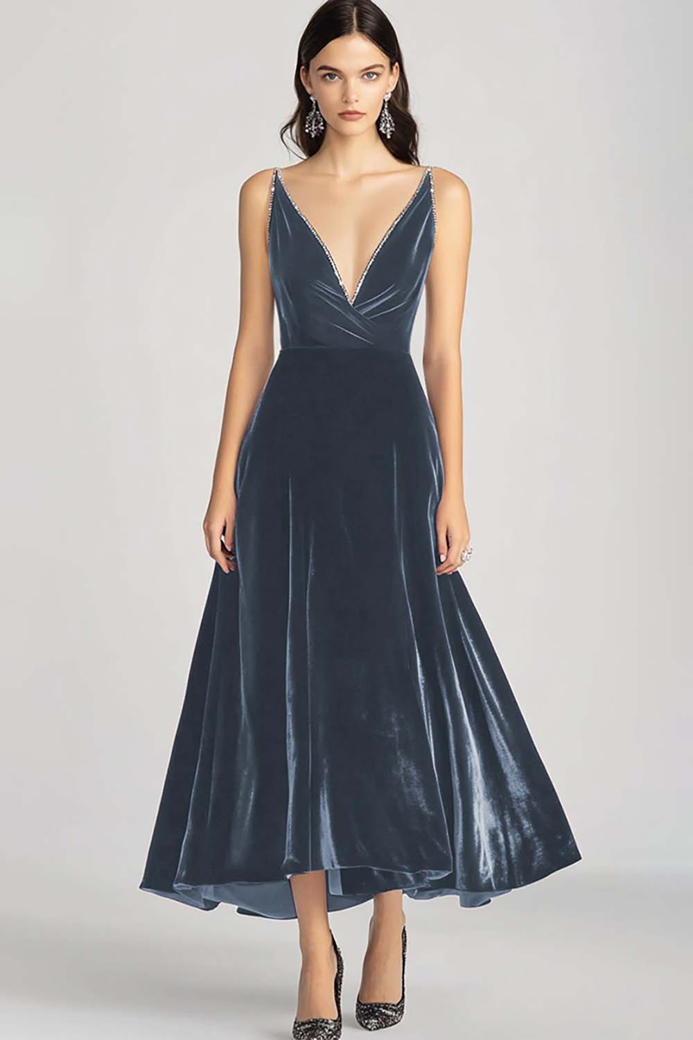 Burgunderrotes Spaghettiträger V-Ausschnitt Samt Ballkleid